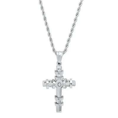 Steeltime Mens 2 1/4 CT. T.W. Simulated White Cubic Zirconia Stainless Steel Cross Pendant Necklace