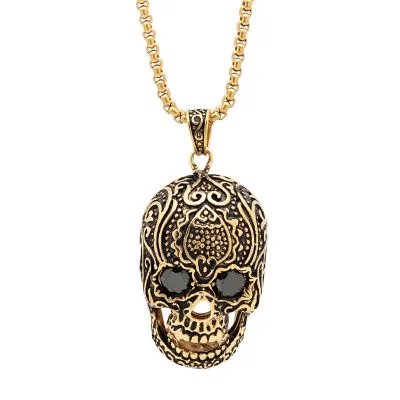 Steeltime Mens 3 1/2 CT. T.W Simulated Black Cubic Zirconia 18K Gold Over Stainless Steel Skull Pendant Necklace