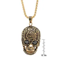 Steeltime Mens 3 1/2 CT. T.W Simulated Black Cubic Zirconia 18K Gold Over Stainless Steel Skull Pendant Necklace