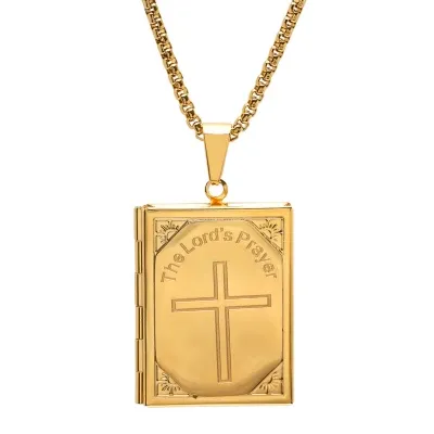 Steeltime "The Lord'S Prayer" Bible Mens 18K Gold Over Stainless Steel Cross Locket Necklace