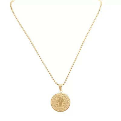 Steeltime Saint Benedict Medal Mens 18K Gold Over Stainless Steel Round Pendant Necklace