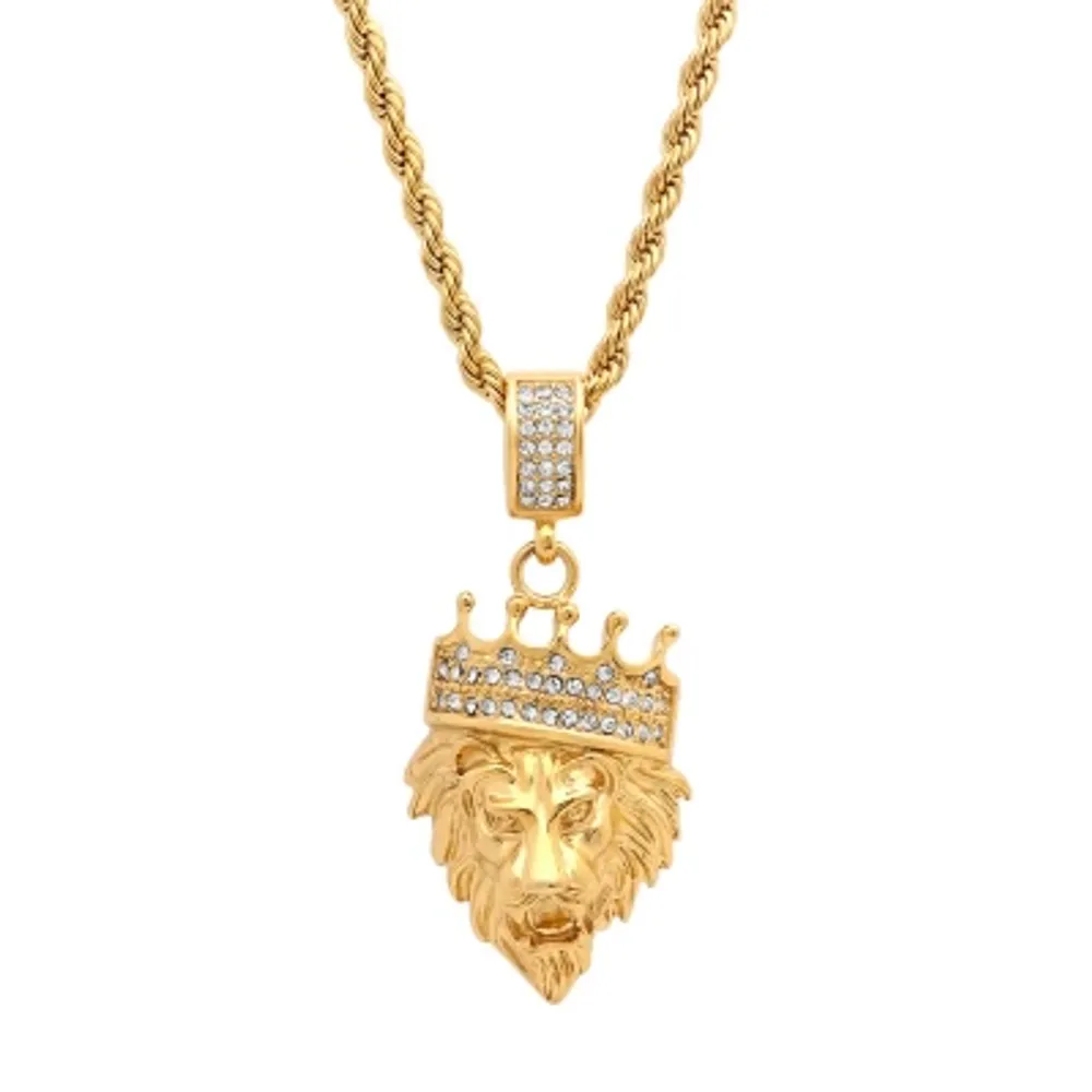 Steeltime Lion Head Mens 1/2 CT. T.W. Simulated White Cubic Zirconia 18K Gold Over Stainless Steel Crown Pendant Necklace