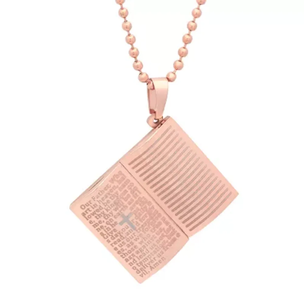 Steeltime Open Bible Lord'S Prayer Mens 18K Rose Gold Over Stainless Steel Pendant Necklace