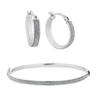 STERLING SILVER RHODIUM PLATED GLITTER HOOPS AND BANGLE SET