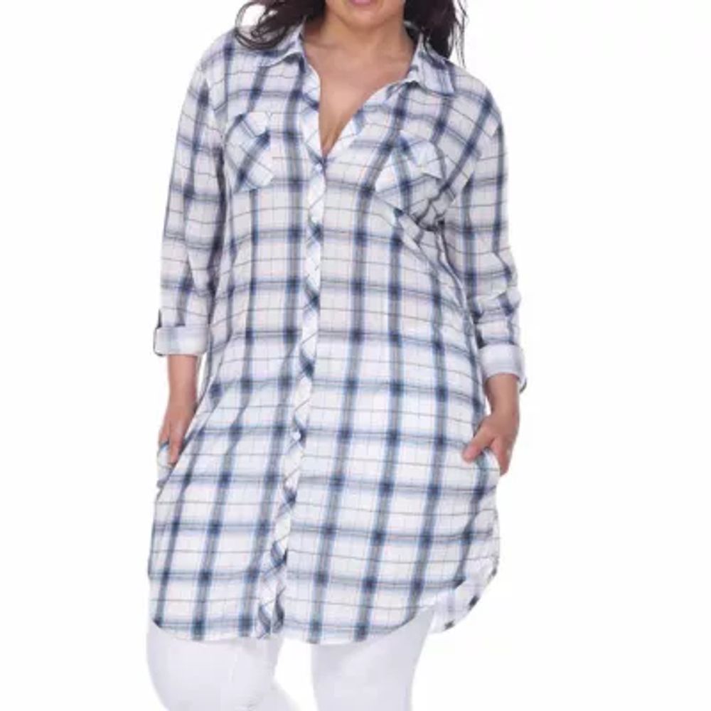 White Mark Plus Piper Plaid Womens Long Sleeve Tunic Top