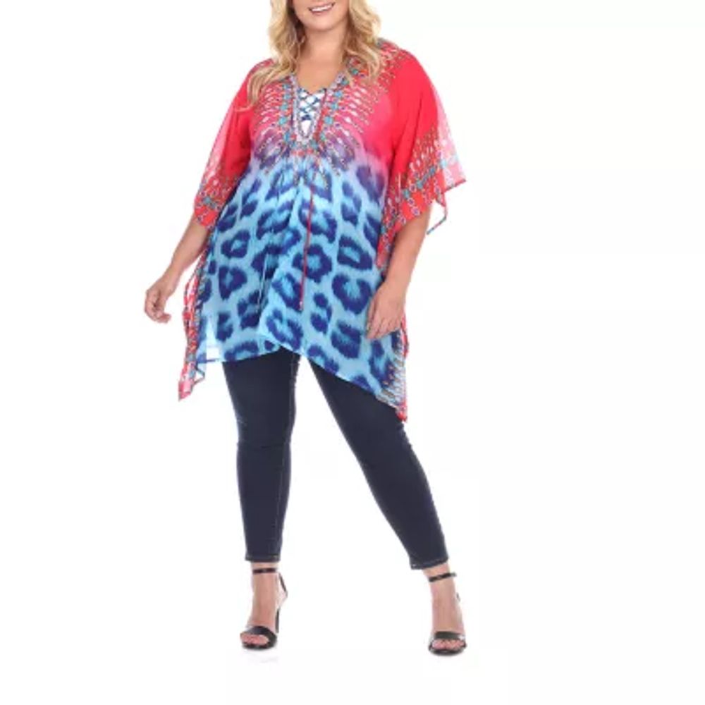 White Mark-Plus Womens Split Tie Neck 3/4 Sleeve Tunic Top