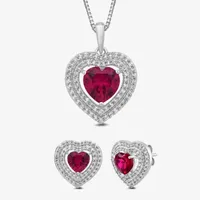 Lab Created Red Ruby Sterling Silver Heart Jewelry Set