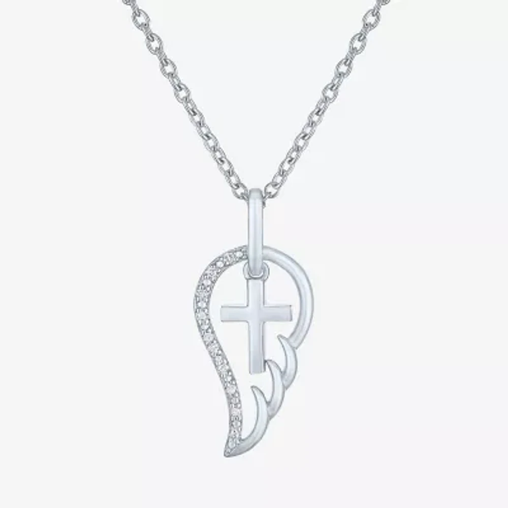 Diamond Accent Womens Diamond Accent Natural White Diamond Sterling Silver Angel Cross Wing 18 Inch Pendant Necklace