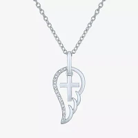 Diamond Accent Womens Diamond Accent Natural White Diamond Sterling Silver Angel Cross Wing Pendant Necklace