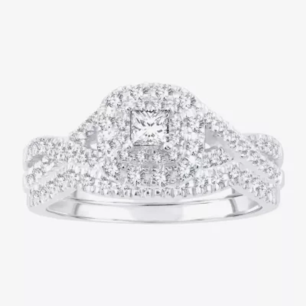 Womens 1/2 CT. T.W. Natural White Diamond 14K Gold Cushion Side Stone Halo Bridal Set