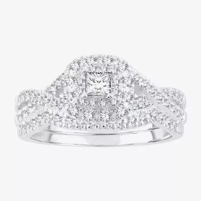 Womens 1/2 CT. T.W. Natural White Diamond 14K Gold Cushion Side Stone Halo Bridal Set
