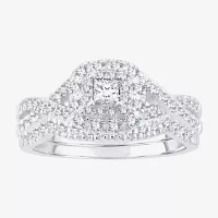 Womens 1/2 CT. T.W. Natural White Diamond 14K Gold Cushion Side Stone Halo Bridal Set
