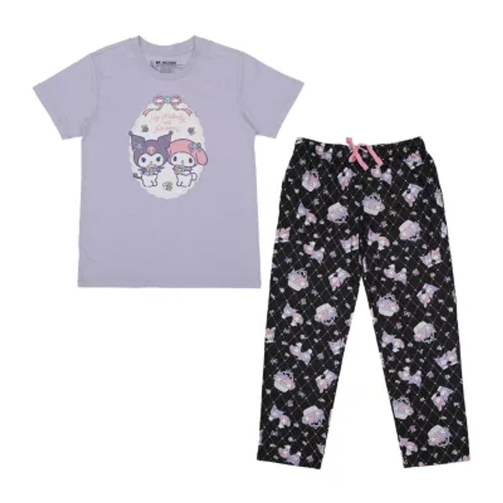 Womens Kuromi Plush Crew Neck Short Sleeve 2-pc. Pant Pajama Set