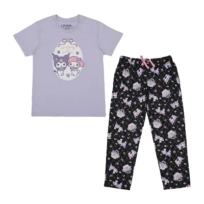 Womens Kuromi Plush Crew Neck Short Sleeve 2-pc. Pant Pajama Set