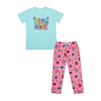 Womens Sesame Street Plush Crew Neck Short Sleeve 2-pc. Pant Pajama Set