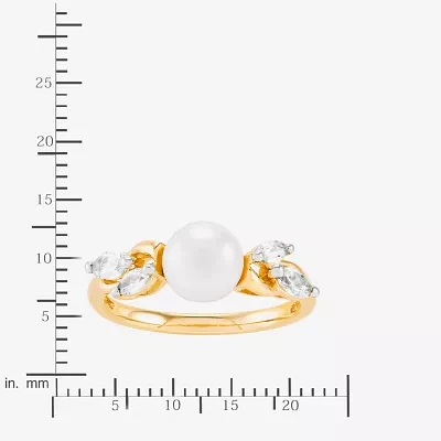 Certified Sofia Cultured Freshwater Pearl and Lab Created White Sapphire 10K Gold Cocktail Ring