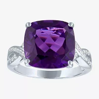 Womens Lab Created Purple Amethyst Sterling Silver Cushion Halo Cocktail Ring