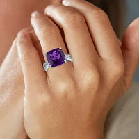 Womens Lab Created Purple Amethyst Sterling Silver Cushion Halo Cocktail Ring