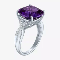 Womens Lab Created Purple Amethyst Sterling Silver Cushion Halo Cocktail Ring