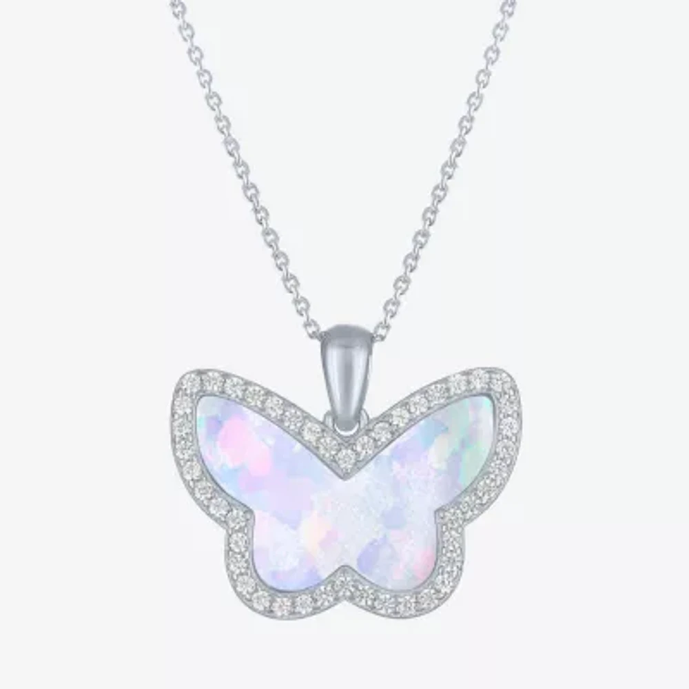 Womens Lab Created White Opal Sterling Silver Butterfly Pendant Necklace