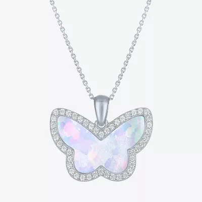 Womens Lab Created White Opal Sterling Silver Butterfly Pendant Necklace