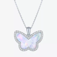 Womens Lab Created White Opal Sterling Silver Butterfly Pendant Necklace