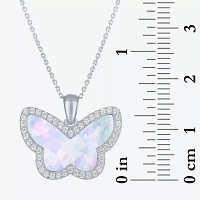 Womens Lab Created White Opal Sterling Silver Butterfly Pendant Necklace