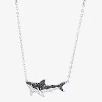 Shark Womens Black Crystal Sterling Silver Pendant Necklace