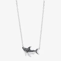 Shark Womens Black Crystal Sterling Silver Pendant Necklace