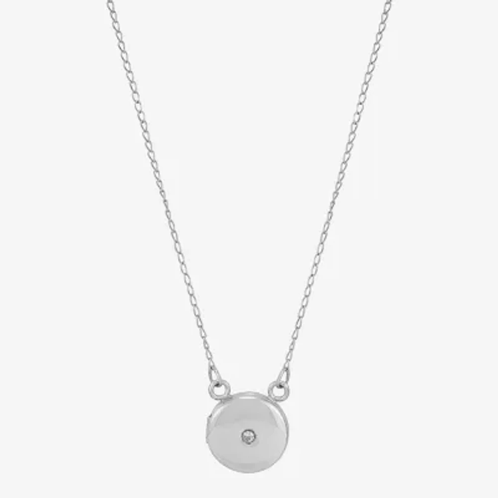 Womens White Crystal Sterling Silver Round Locket Necklace