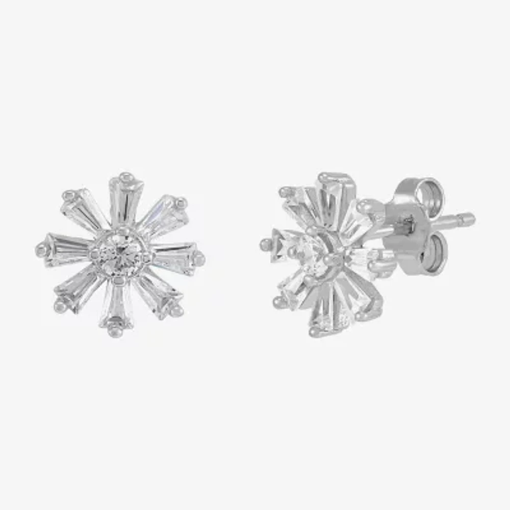 White Cubic Zirconia Sterling Silver 9.4mm Flower Stud Earrings