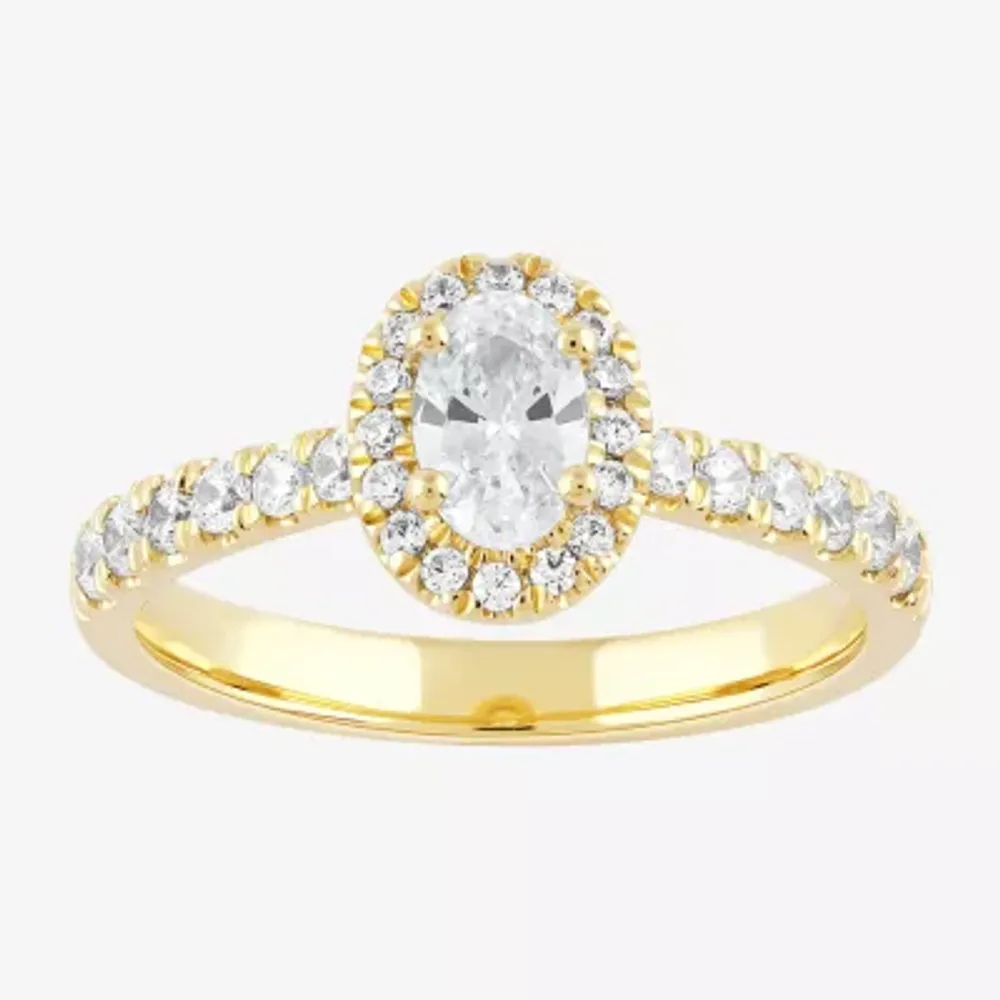 Certified (F / Si1) Womens / CT. T.W. Lab Grown White Diamond 10K Gold Oval Side Stone Halo Engagement Ring