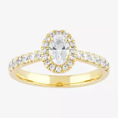 Certified (F / Si1) Womens 3/4 CT. T.W. Lab Grown White Diamond 10K Gold Oval Side Stone Halo Engagement Ring