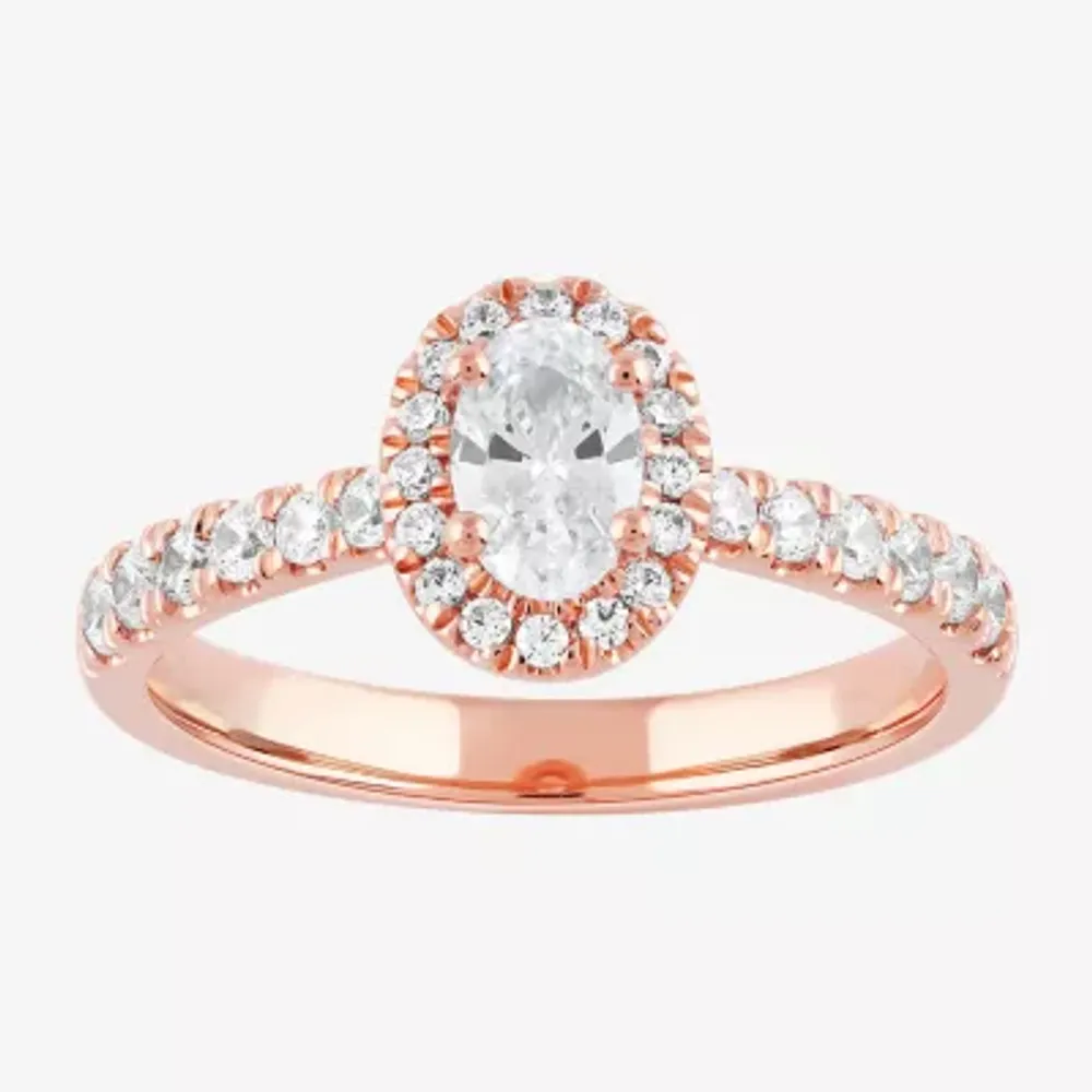 Certified (F / Si1) Womens / CT. T.W. Lab Grown White Diamond 10K Rose Gold Oval Side Stone Halo Engagement Ring