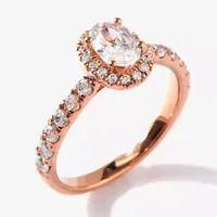 Certified (F / Si1) Womens CT. T.W. Lab Grown White Diamond 10K Rose Gold Oval Side Stone Halo Engagement Ring