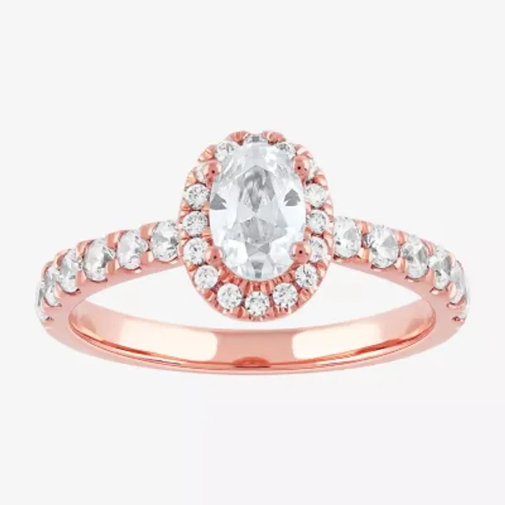 Certified (F / Si1) Womens CT. T.W. Lab Grown White Diamond 10K Rose Gold Oval Side Stone Halo Engagement Ring