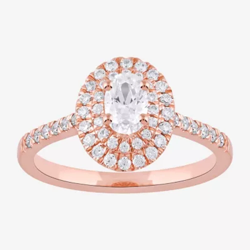Certified (F / Si1) Womens 3/4 CT. T.W. Lab Grown White Diamond 10K Rose Gold Oval Side Stone Halo Engagement Ring
