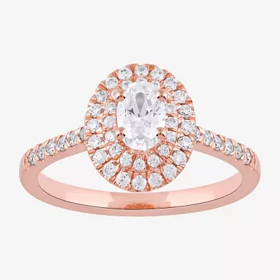 Certified (F / Si1) Womens 3/4 CT. T.W. Lab Grown White Diamond 10K Rose Gold Oval Side Stone Halo Engagement Ring