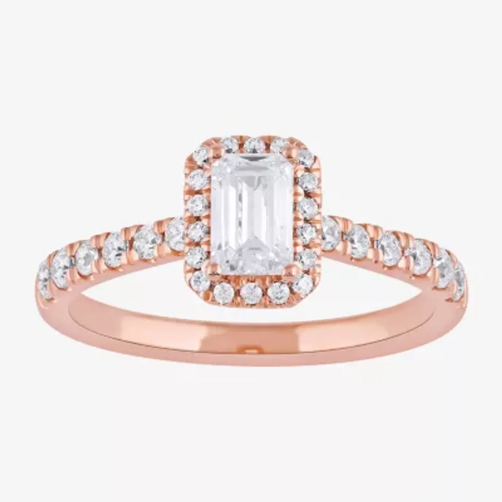 Certified (F / Si1) Womens 3/4 CT. T.W. Lab Grown White Diamond 10K Rose Gold Side Stone Halo Engagement Ring