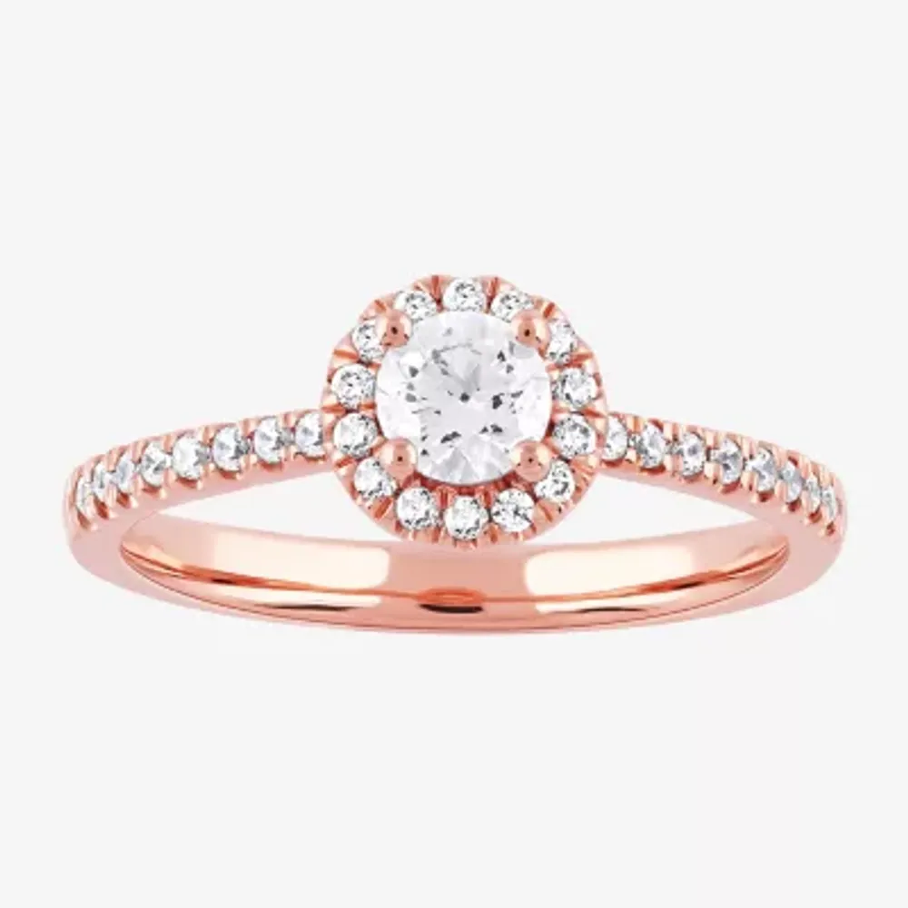 Certified (F / Si1) Womens / CT. T.W. Lab Grown White Diamond 10K Rose Gold Round Side Stone Halo Engagement Ring