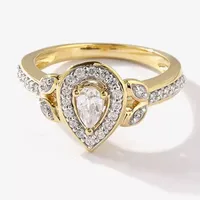 Certified (F / Si1) Womens 1/ CT. T.W. Lab Grown White Diamond 10K Gold Pear Side Stone Halo Engagement Ring