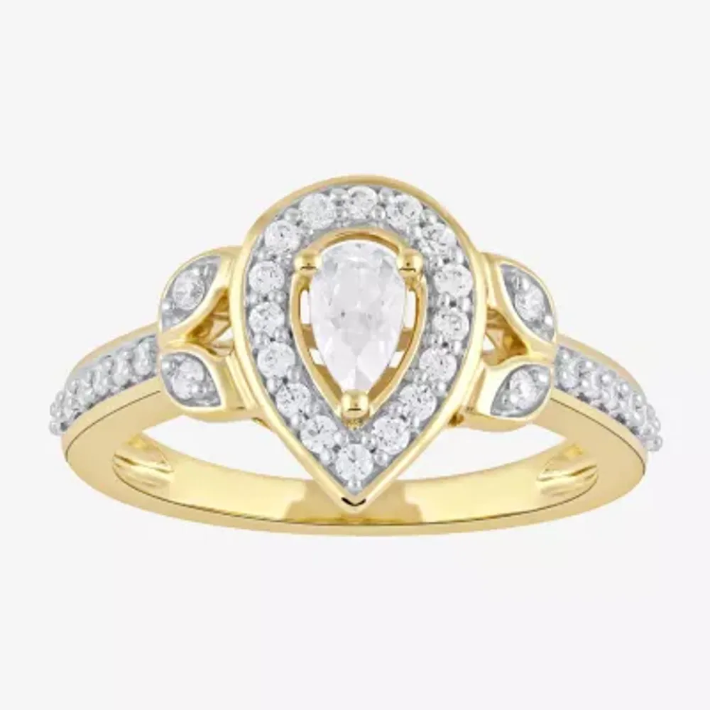 Certified (F / Si1) Womens / CT. T.W. Lab Grown White Diamond 10K Gold Pear Side Stone Halo Engagement Ring
