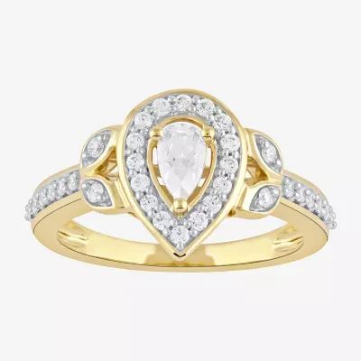 Certified (F / Si1) Womens / CT. T.W. Lab Grown White Diamond 10K Gold Pear Side Stone Halo Engagement Ring