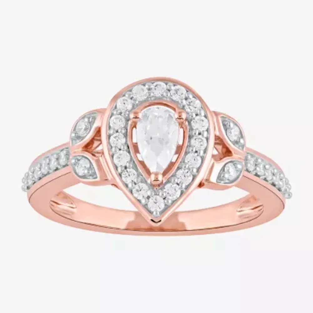 Certified (F / Si1) Womens 1/2 CT. T.W. Lab Grown White Diamond 10K Rose Gold Pear Side Stone Halo Engagement Ring