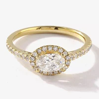 Certified (F / Si1) Womens / CT. T.W. Lab Grown White Diamond 10K Gold Oval Side Stone Halo Engagement Ring