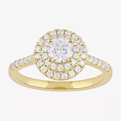 Certified (F / Si1) Womens / CT. T.W. Lab Grown White Diamond 10K Gold Round Side Stone Halo Engagement Ring