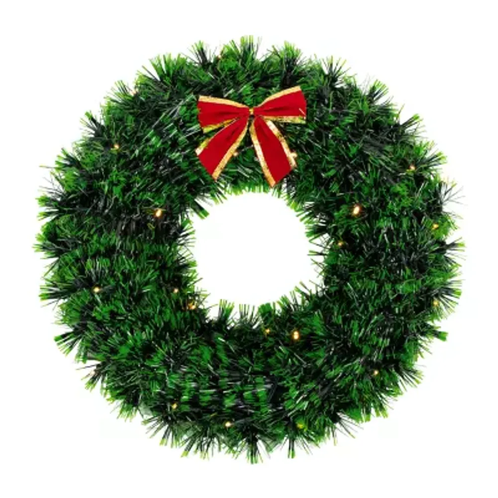 17-Inch Pre-Lit Green Tinsel Artificial Christmas Wreath with Bow - Clear LED Lights