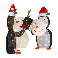 Set of 3 LED Lighted Penguins Building Snowman Outdoor Christmas Decoration 35"