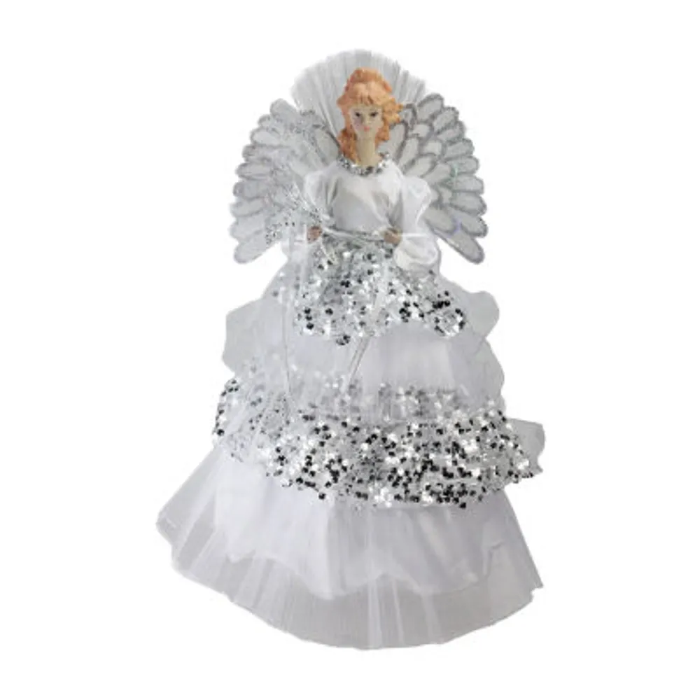 16'' White and Silver Lighted Fiber Optic Angel Sequined Gown Christmas Tree Topper