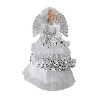 16'' White and Silver Lighted Fiber Optic Angel Sequined Gown Christmas Tree Topper